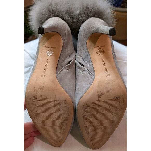 Antonio Melani Grey Leather Suede Fox Fur Pom Pom Ankle Boots Heel Womens 6M - Picture 10 of 10